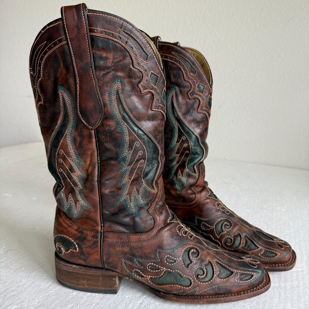 Corral Women's Honey & Teal Overlay Square Toe Western Boots 9M Style: A1040